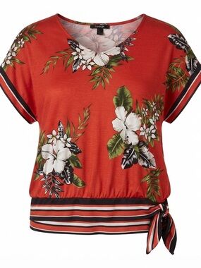 Joe Fresh VNeck Coral Floral Tie-Hem Women's Top Size 1X Plus Size